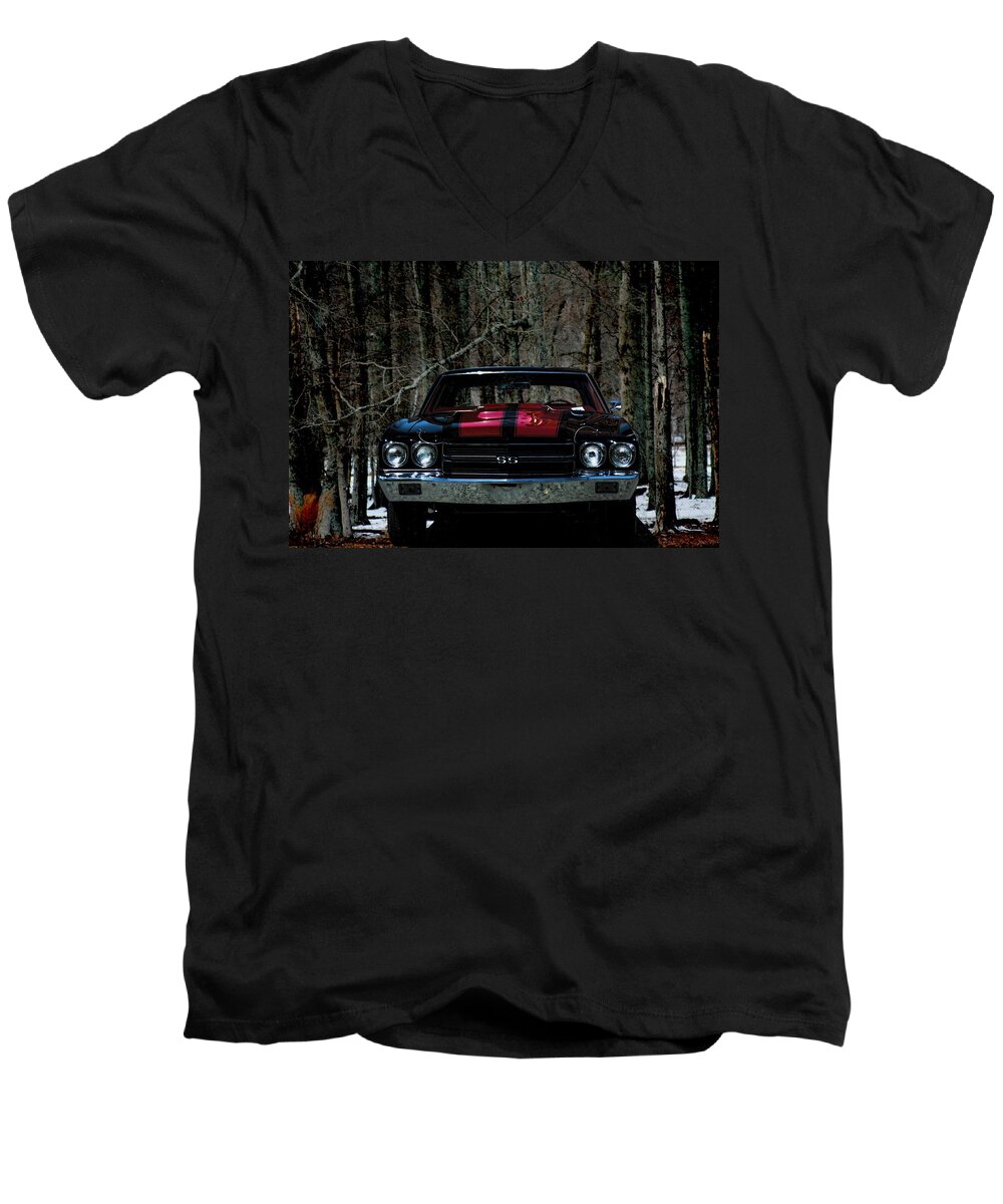 Chevelle Men's V-Neck T-Shirt featuring the photograph Car Art Chevy Chevelle SS HDR by Lesa Fine