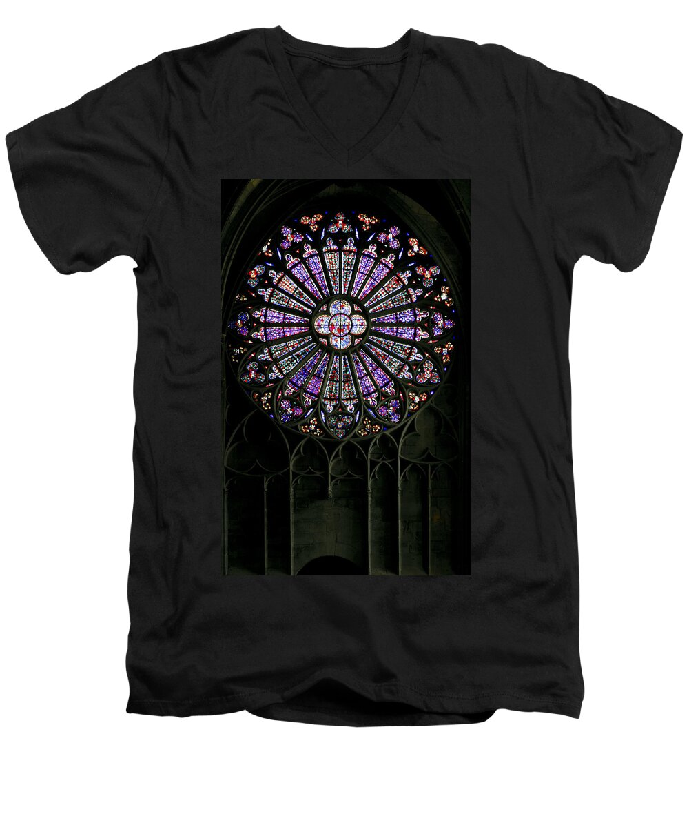 Carcassonne Men's V-Neck T-Shirt featuring the photograph Carcassonne rose window by Jenny Setchell