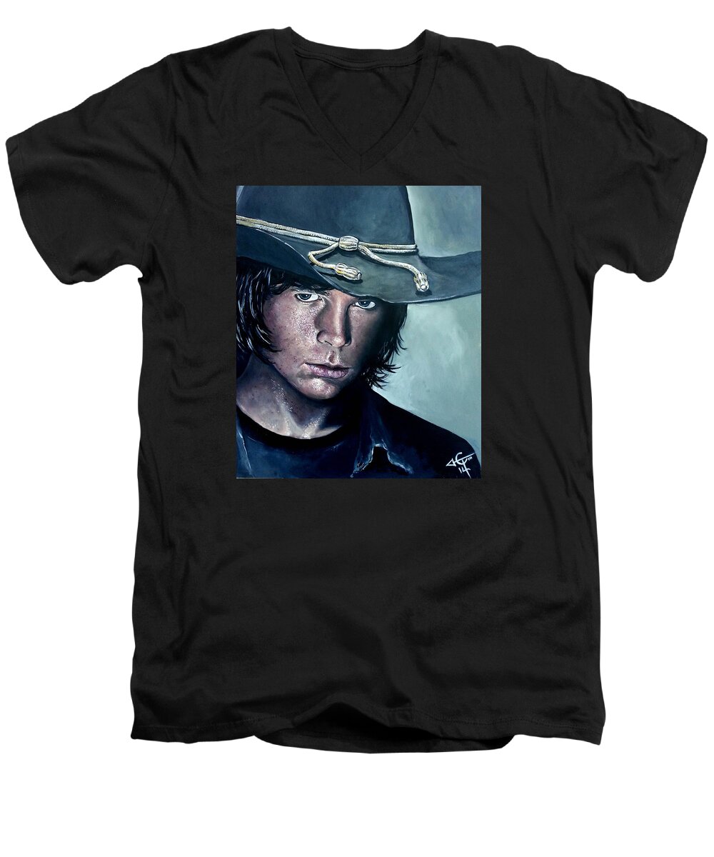 Carl Grimes Men's V-Neck T-Shirt featuring the painting Carl Grimes by Tom Carlton