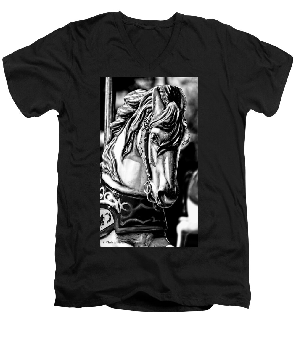 Christopher Holmes Photography Men's V-Neck T-Shirt featuring the photograph Carousel Horse Two - BW by Christopher Holmes