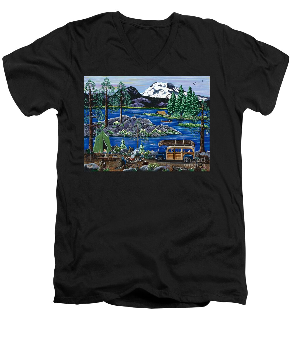 Cascade High Lake Men's V-Neck T-Shirt featuring the painting Cascade Lake Sparks by Jennifer Lake