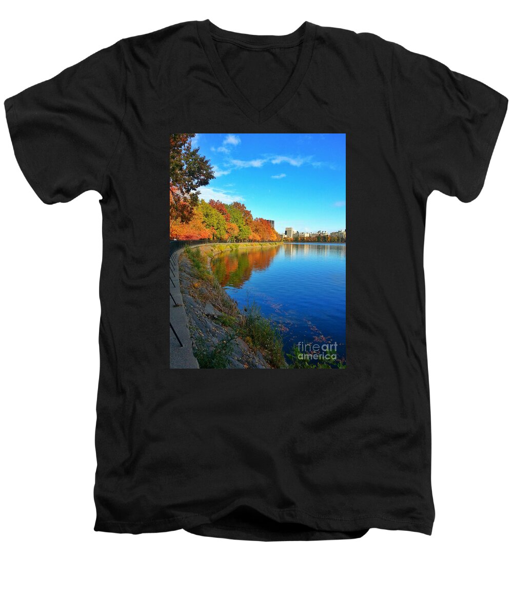 Autumn Men's V-Neck T-Shirt featuring the photograph Central Park Autumn Landscape by Charlie Cliques