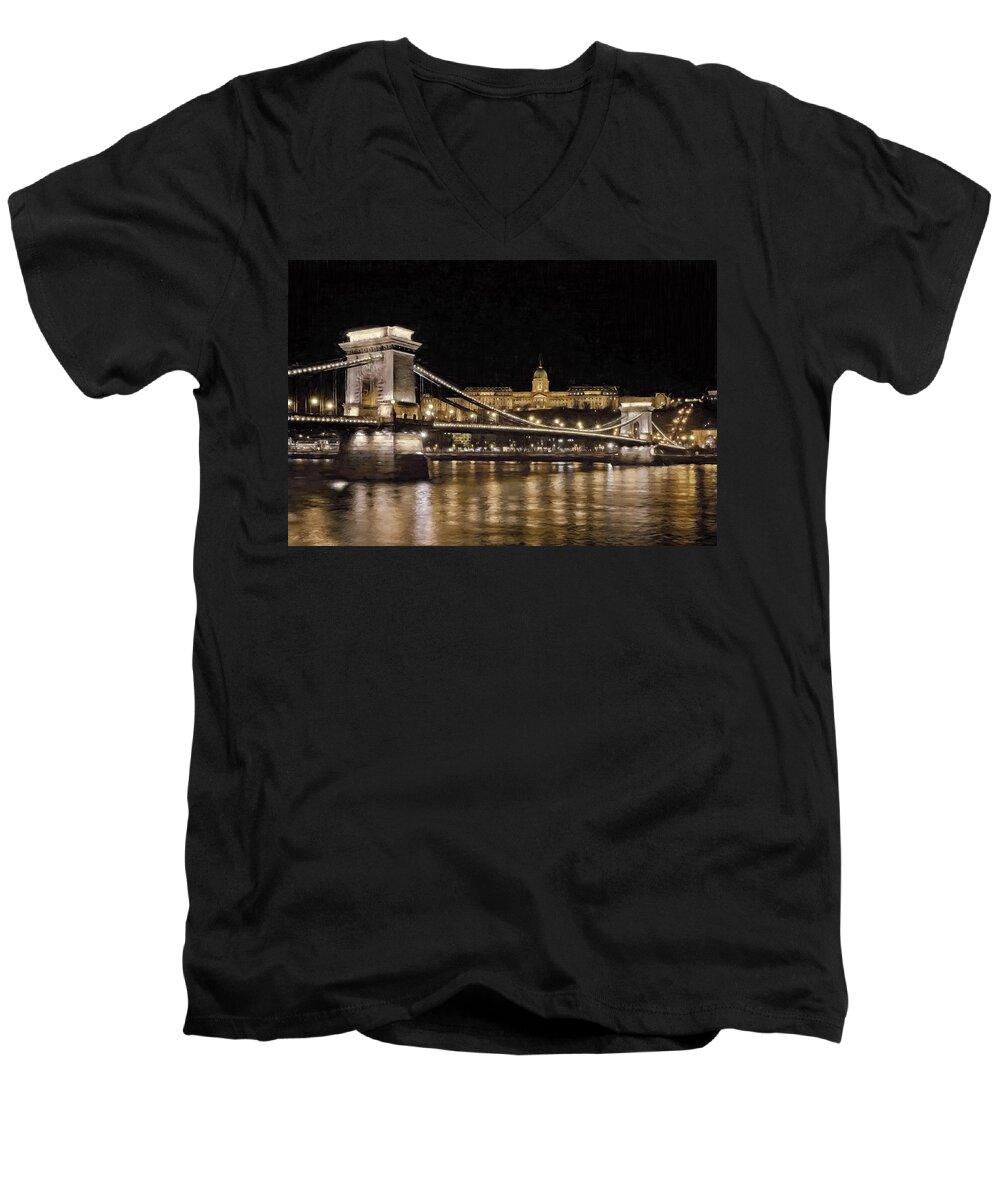 Joan Carroll Men's V-Neck T-Shirt featuring the photograph Chain Bridge And Buda Castle Winter Night Painterly by Joan Carroll