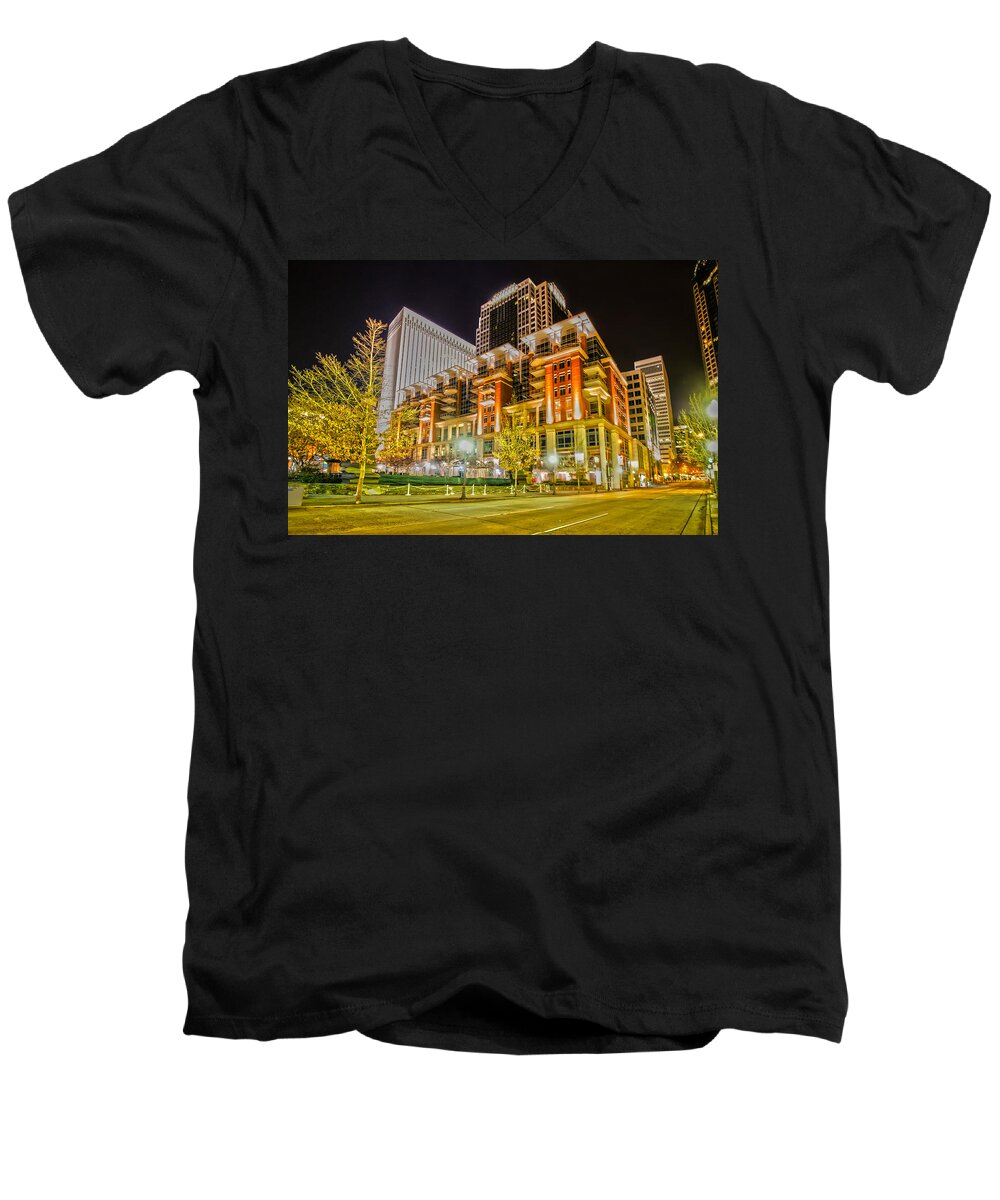 2012 Men's V-Neck T-Shirt featuring the photograph Charlotte City Skyline night scene by Alex Grichenko