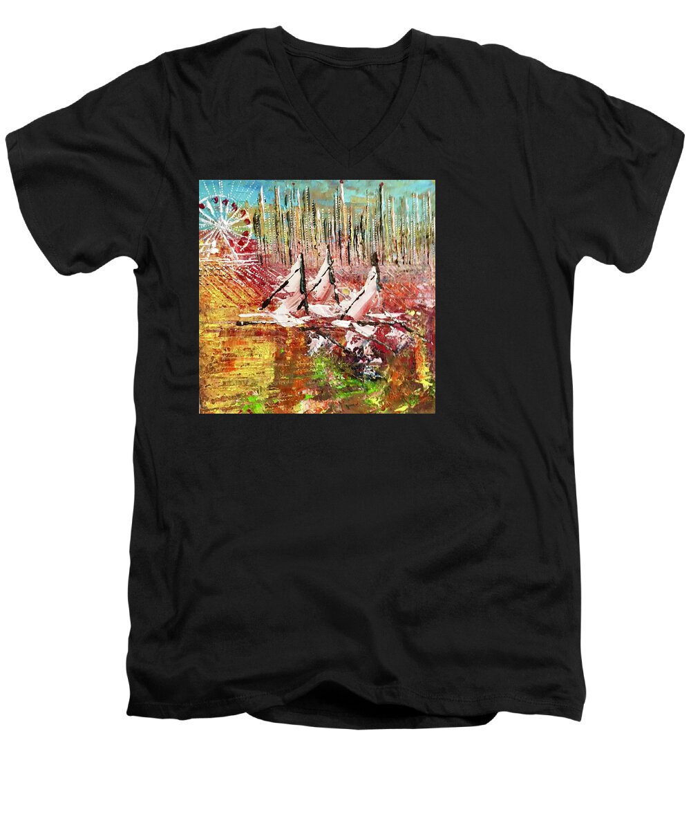 Sailboats Men's V-Neck T-Shirt featuring the painting Chicago at It's Best #1 by George Riney