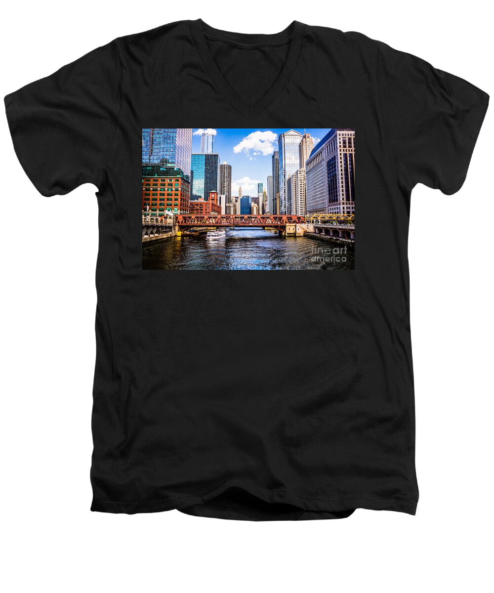 America Men's V-Neck T-Shirt featuring the photograph Chicago Cityscape at Wells Street Bridge by Paul Velgos