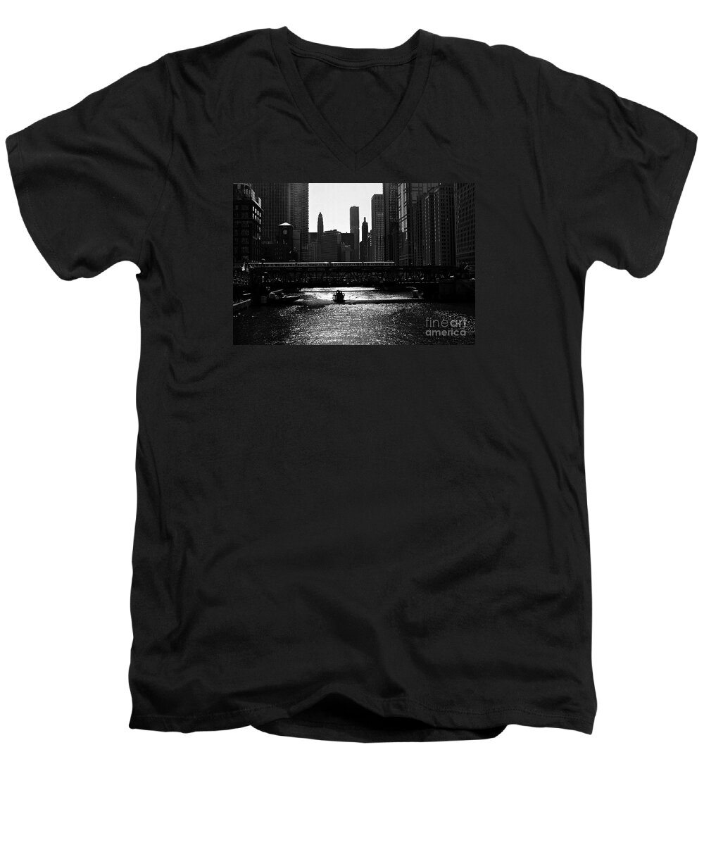 Urban Landscape Men's V-Neck T-Shirt featuring the photograph Chicago Morning Commute - Monochrome by Frank J Casella