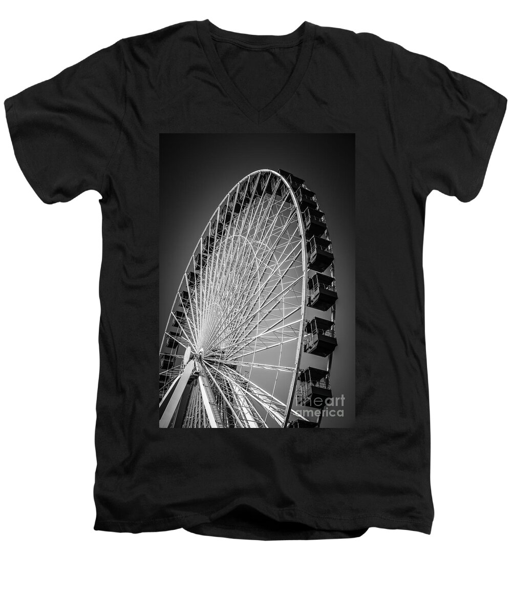 America Men's V-Neck T-Shirt featuring the photograph Chicago Navy Pier Ferris Wheel in Black and White by Paul Velgos