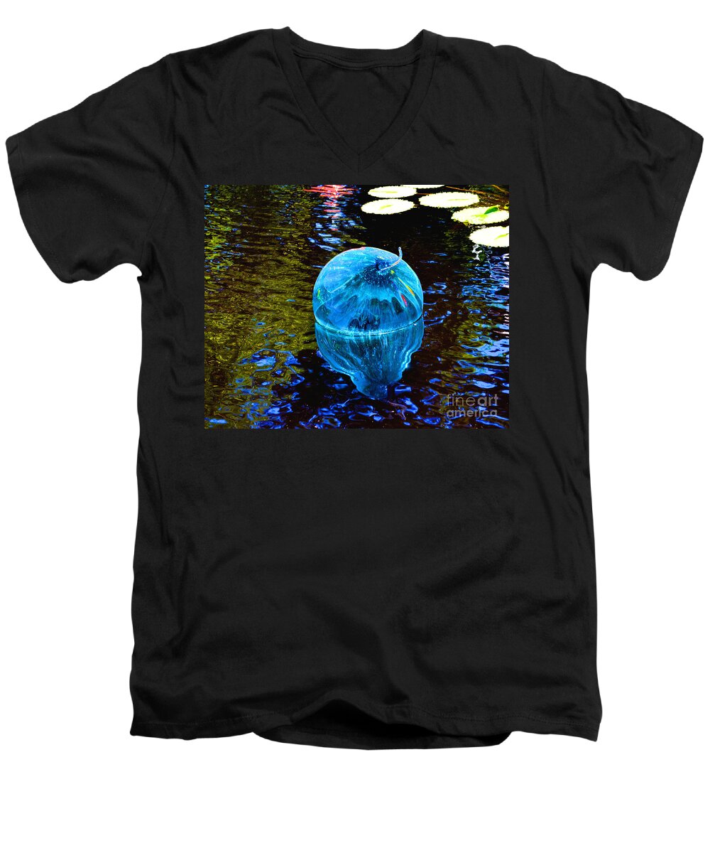 Blue Glass Float Men's V-Neck T-Shirt featuring the photograph Artsy Blue Glass Float by Luther Fine Art