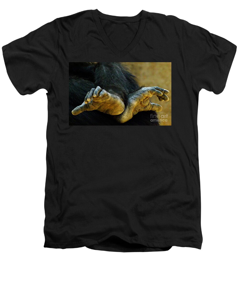 Chimpanzee Men's V-Neck T-Shirt featuring the photograph Chimpanzee Feet by Clare Bevan