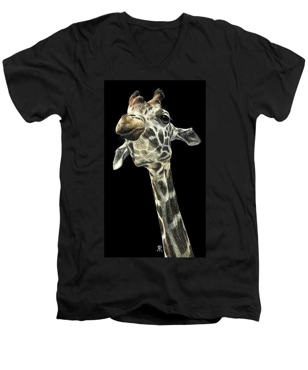 Giraffe Men's V-Neck T-Shirt featuring the drawing Chin Up by Ann Ranlett