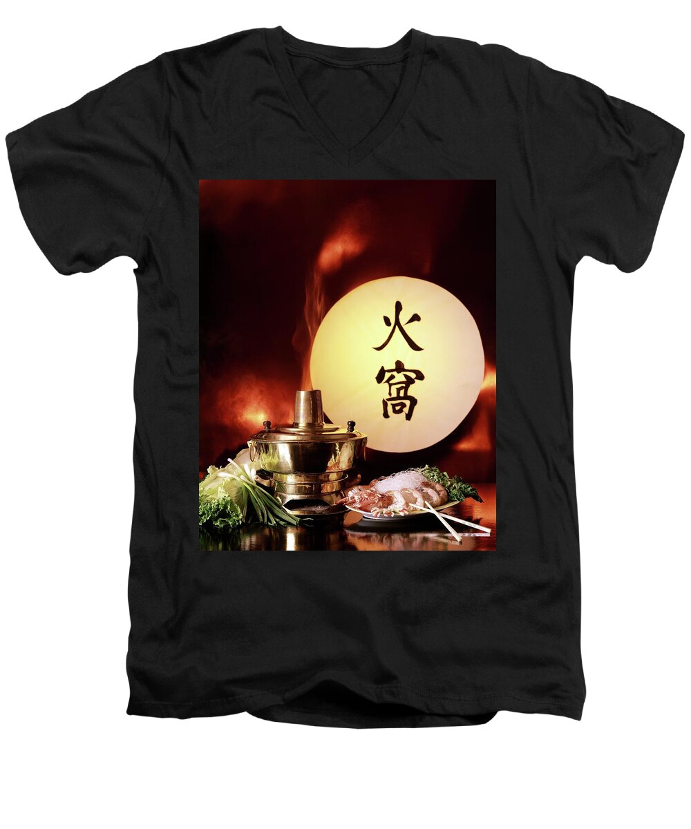 Food Men's V-Neck T-Shirt featuring the photograph Chinese Food Against A Backgroup Of Flames by Fotiades