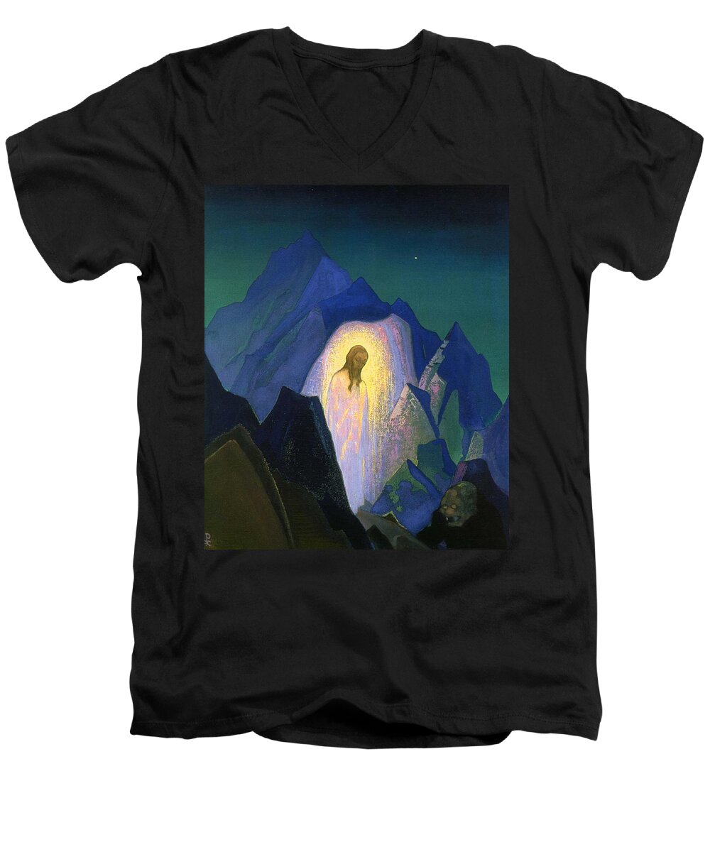 1933 Men's V-Neck T-Shirt featuring the painting Christ in desert by Nicholas Roerich