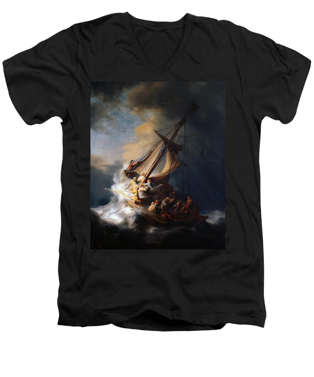 1633 Men's V-Neck T-Shirt featuring the painting Christ in the storm on the Sea of Galilee by Rembrandt van Rijn