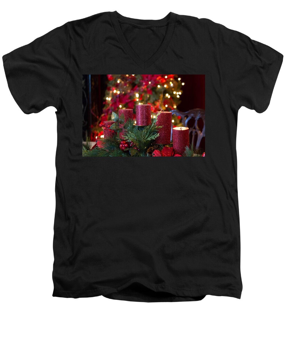 Candles Men's V-Neck T-Shirt featuring the photograph Christmas Candles by Patricia Babbitt