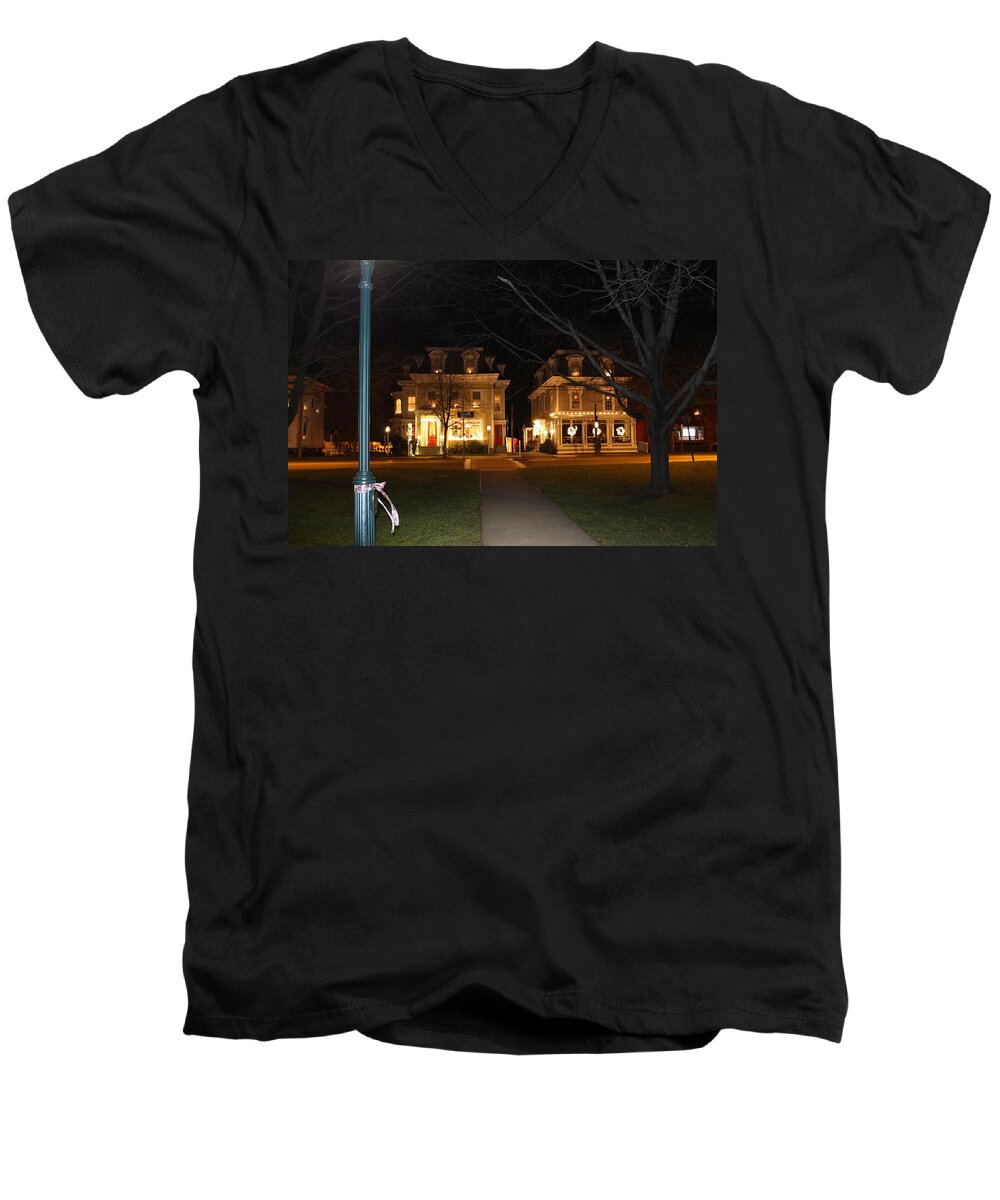 Guilford Green Men's V-Neck T-Shirt featuring the photograph Christmas in Town by Catie Canetti