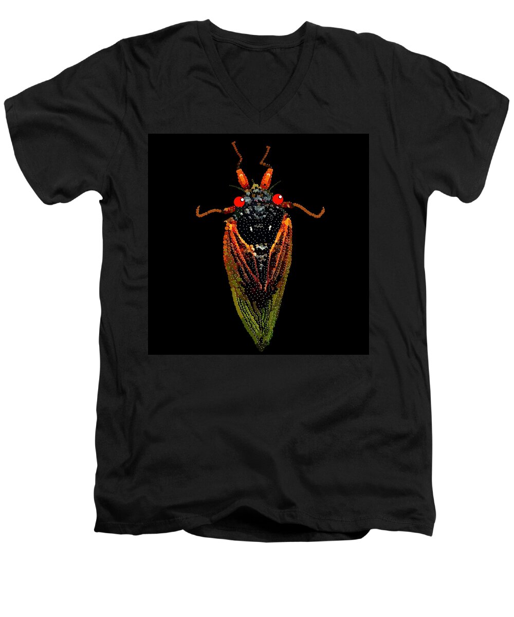 Cicada Men's V-Neck T-Shirt featuring the digital art Cicada in Black by R Allen Swezey