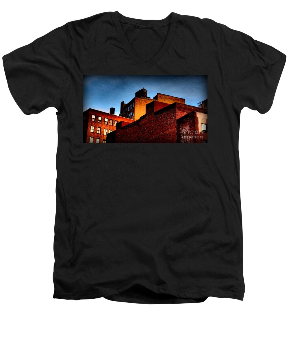 City Men's V-Neck T-Shirt featuring the photograph Old Buildings with Ghost Ad - City Blocks Series by Miriam Danar