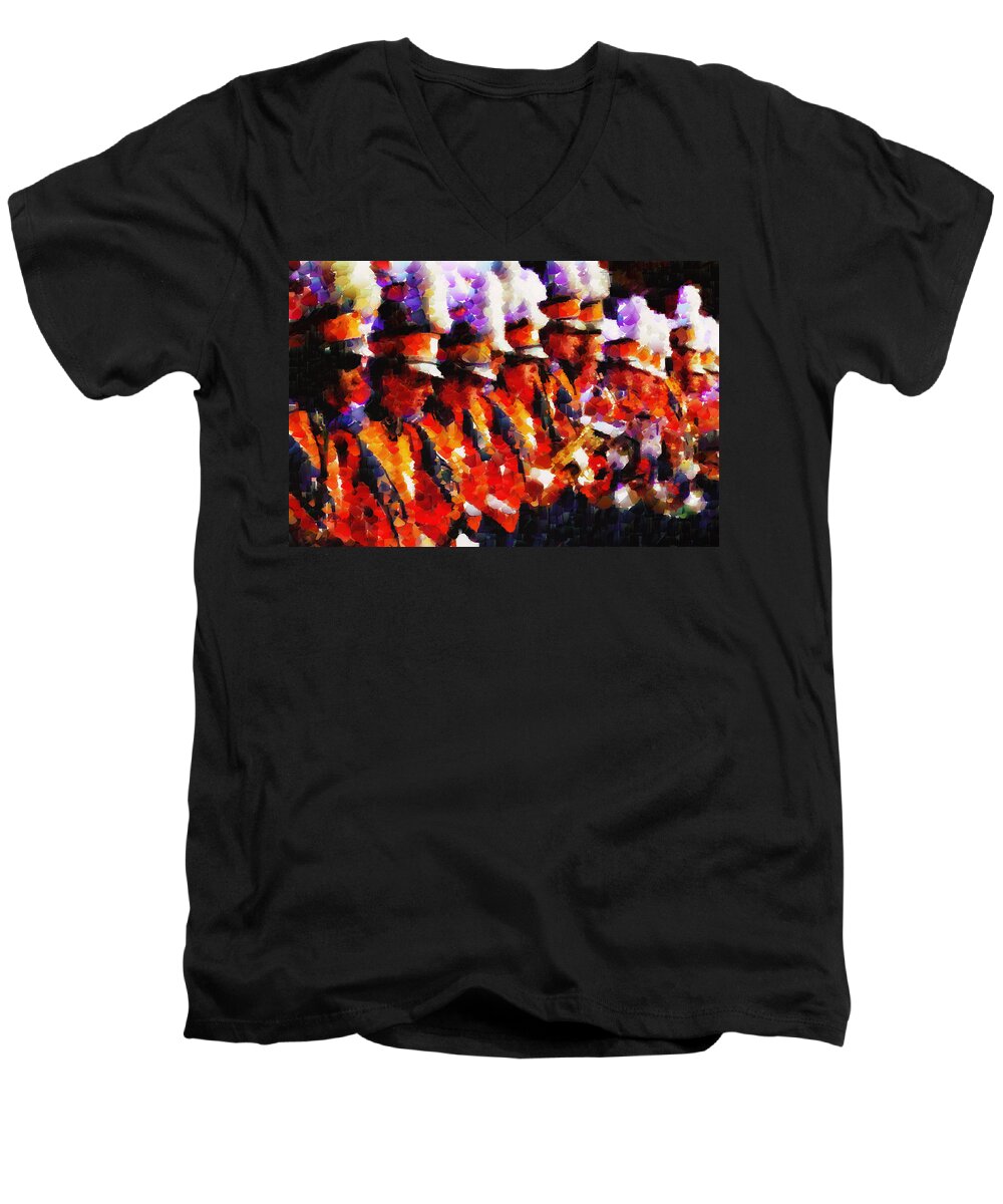 Band Men's V-Neck T-Shirt featuring the painting Clemson Tiger Band - Afremov-Style by Lynne Jenkins