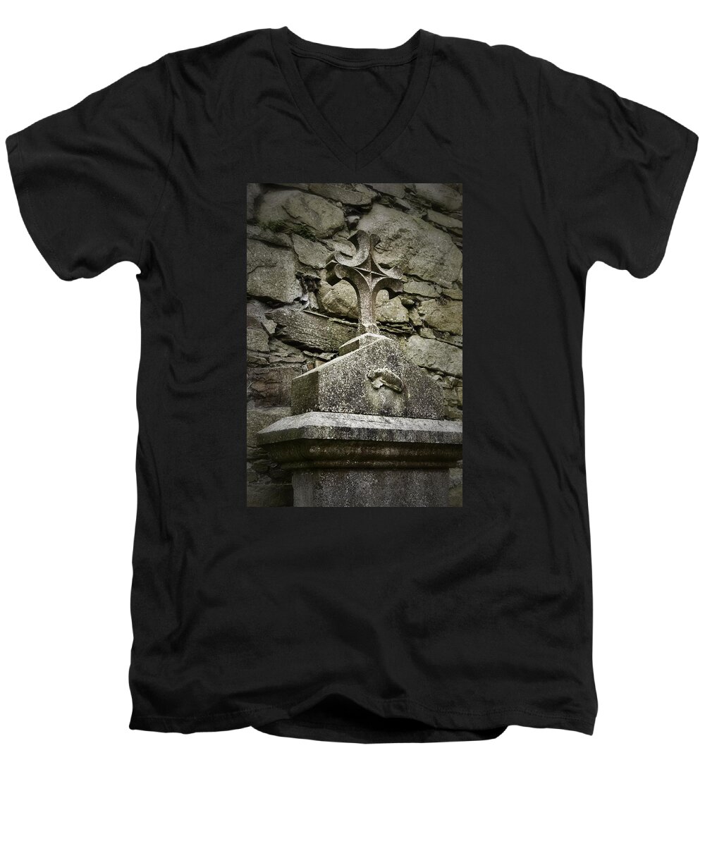 Jerpoint Abbey Men's V-Neck T-Shirt featuring the photograph Cloister Cross at Jerpoint Abbey by Nadalyn Larsen