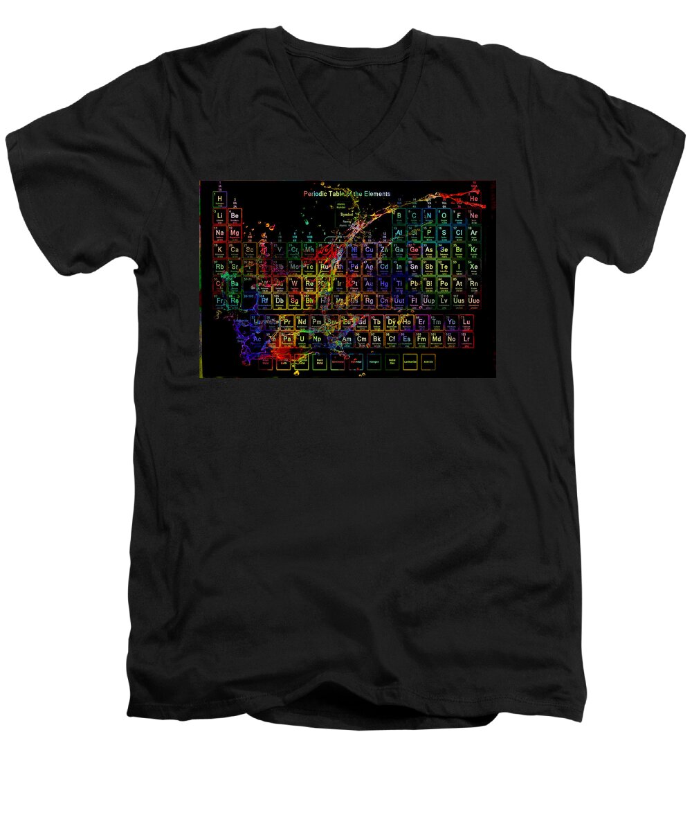 Periodic Table Men's V-Neck T-Shirt featuring the digital art Colorful periodic table of the elements on black with water splash by Eti Reid
