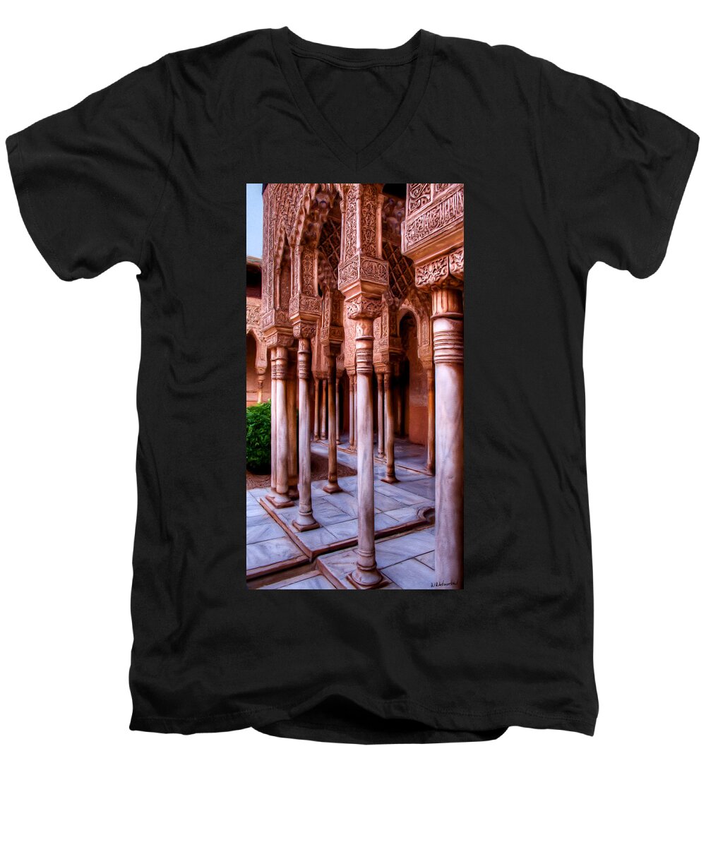 Alhambra Men's V-Neck T-Shirt featuring the photograph Columns of the Court of the Lions - Painting by Weston Westmoreland