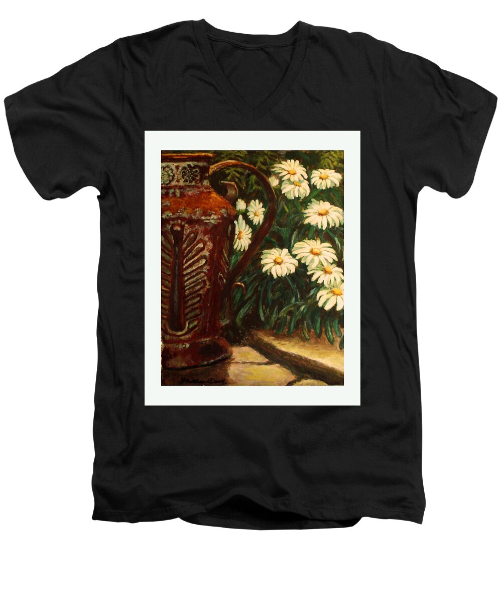 Floral Men's V-Neck T-Shirt featuring the painting Copper and Daisies by Harriett Masterson