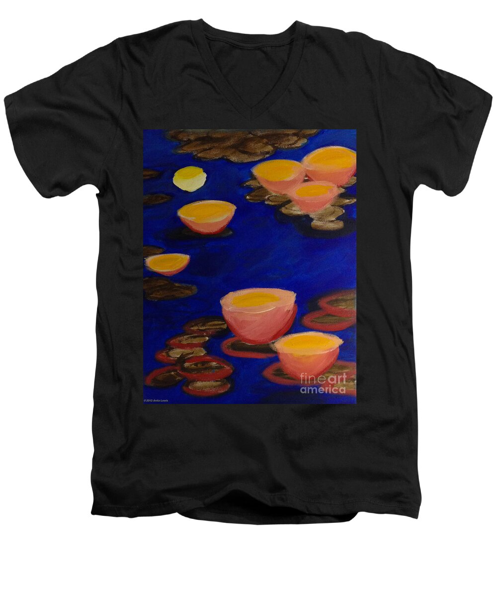 Lily Pond Men's V-Neck T-Shirt featuring the painting Coral Lily Pond by Anita Lewis