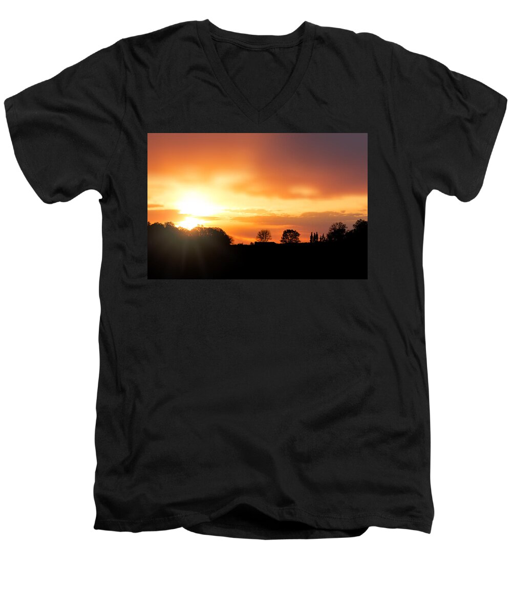 Barren Men's V-Neck T-Shirt featuring the photograph Country Sunset Silhouette by Amber Flowers