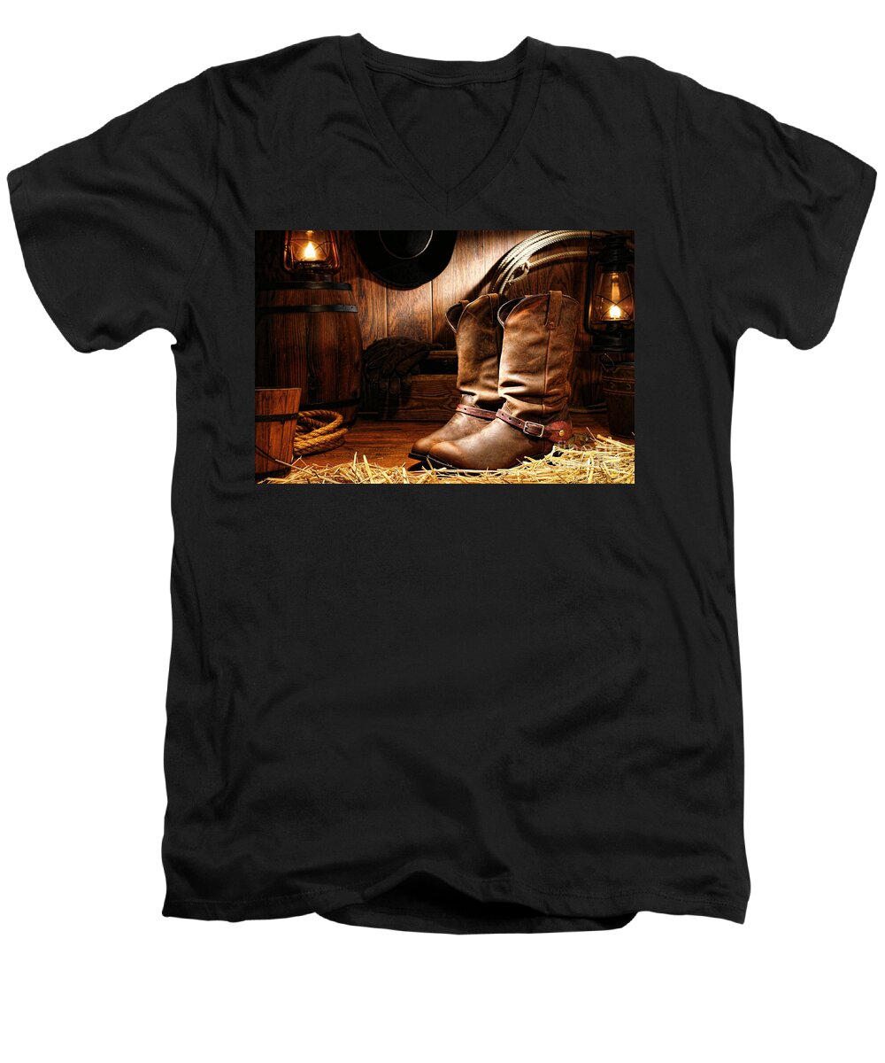 Western Men's V-Neck T-Shirt featuring the photograph Cowboy Boots in a Ranch Barn by Olivier Le Queinec