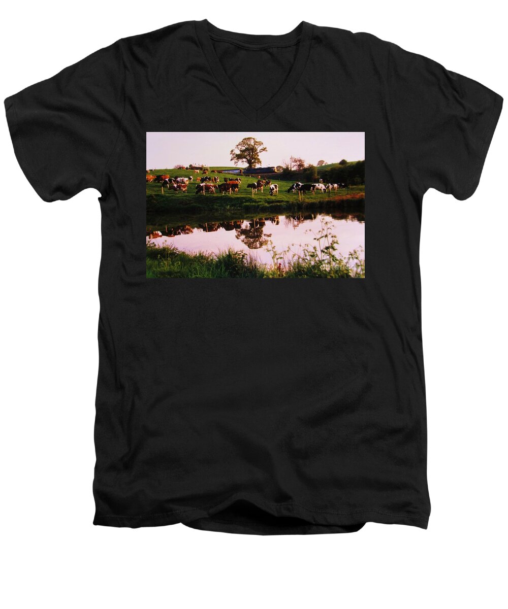 Landscape Men's V-Neck T-Shirt featuring the photograph Cows In The Canal by Martin Howard