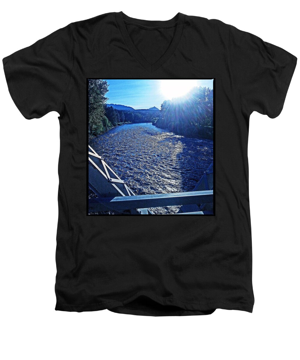 Photo Photograph Bitterroot River Montana Landscape Men's V-Neck T-Shirt featuring the photograph Crossing the Final Bridge Home by Joseph J Stevens