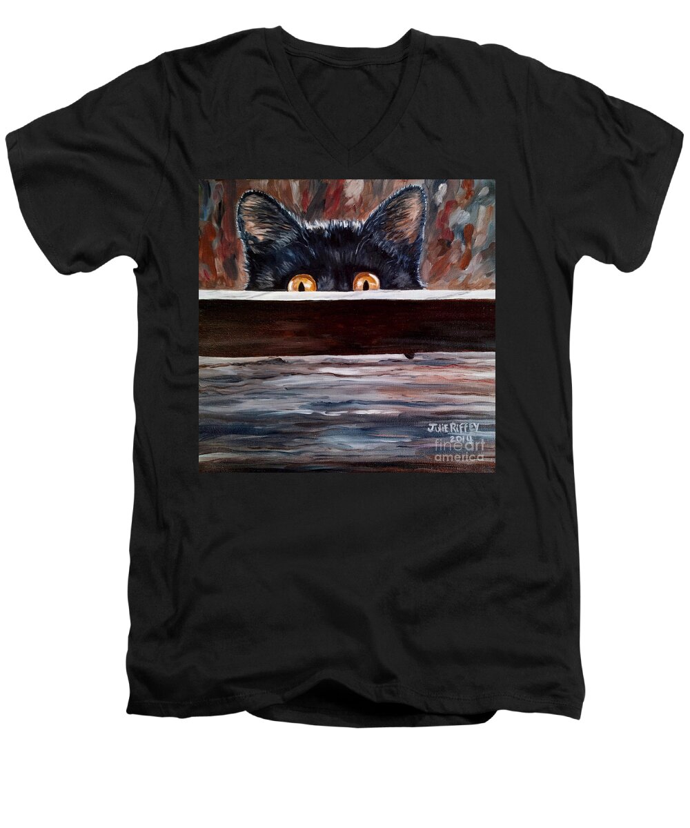 Cats Men's V-Neck T-Shirt featuring the painting Curiosity by Julie Brugh Riffey
