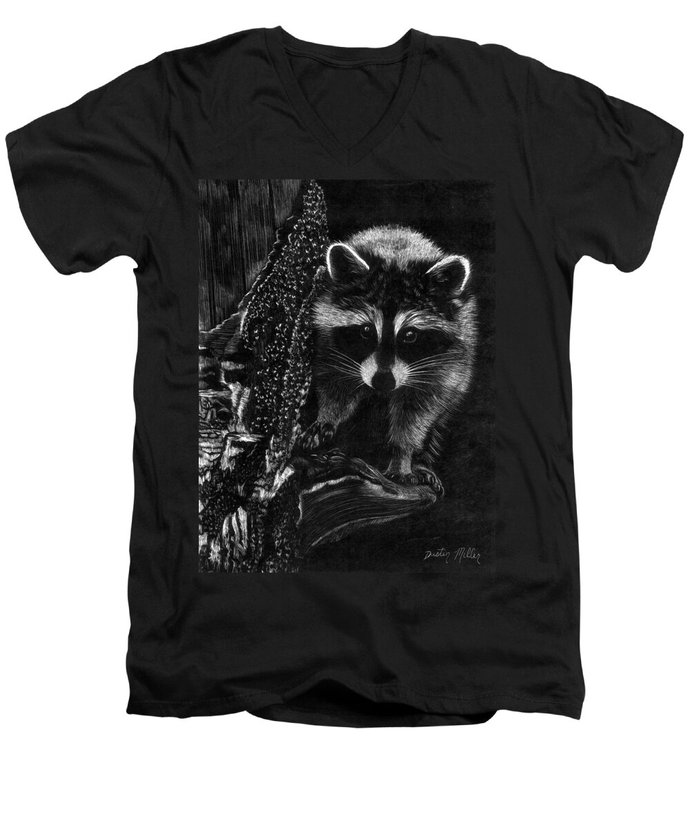 Art Men's V-Neck T-Shirt featuring the drawing Curious Raccoon by Dustin Miller