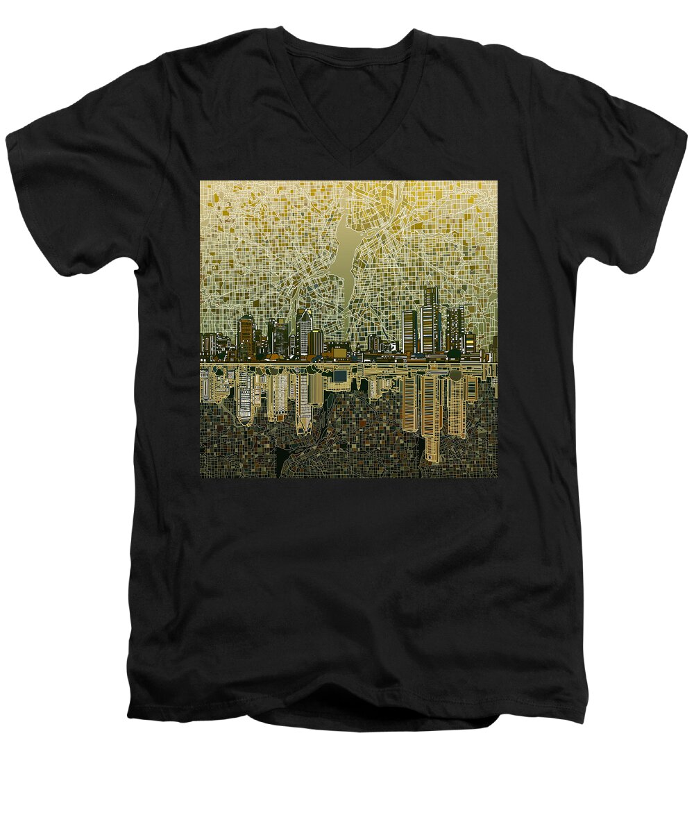 Detroit Men's V-Neck T-Shirt featuring the painting Detroit Skyline Abstract 4 by Bekim M