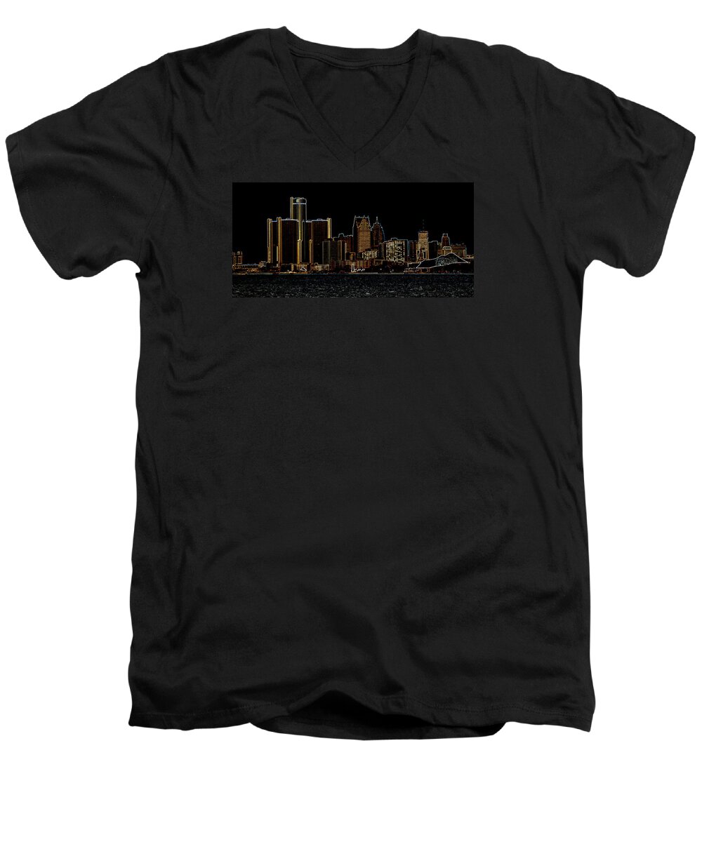 Detroit Men's V-Neck T-Shirt featuring the photograph Detroit Skyline by Steven Dunn
