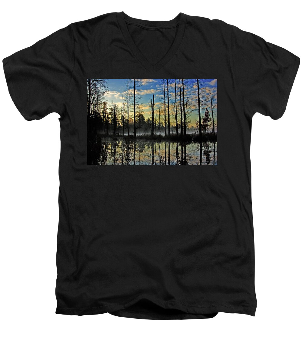 Landscape Men's V-Neck T-Shirt featuring the photograph Devils Den in The Pine Barrens by Louis Dallara