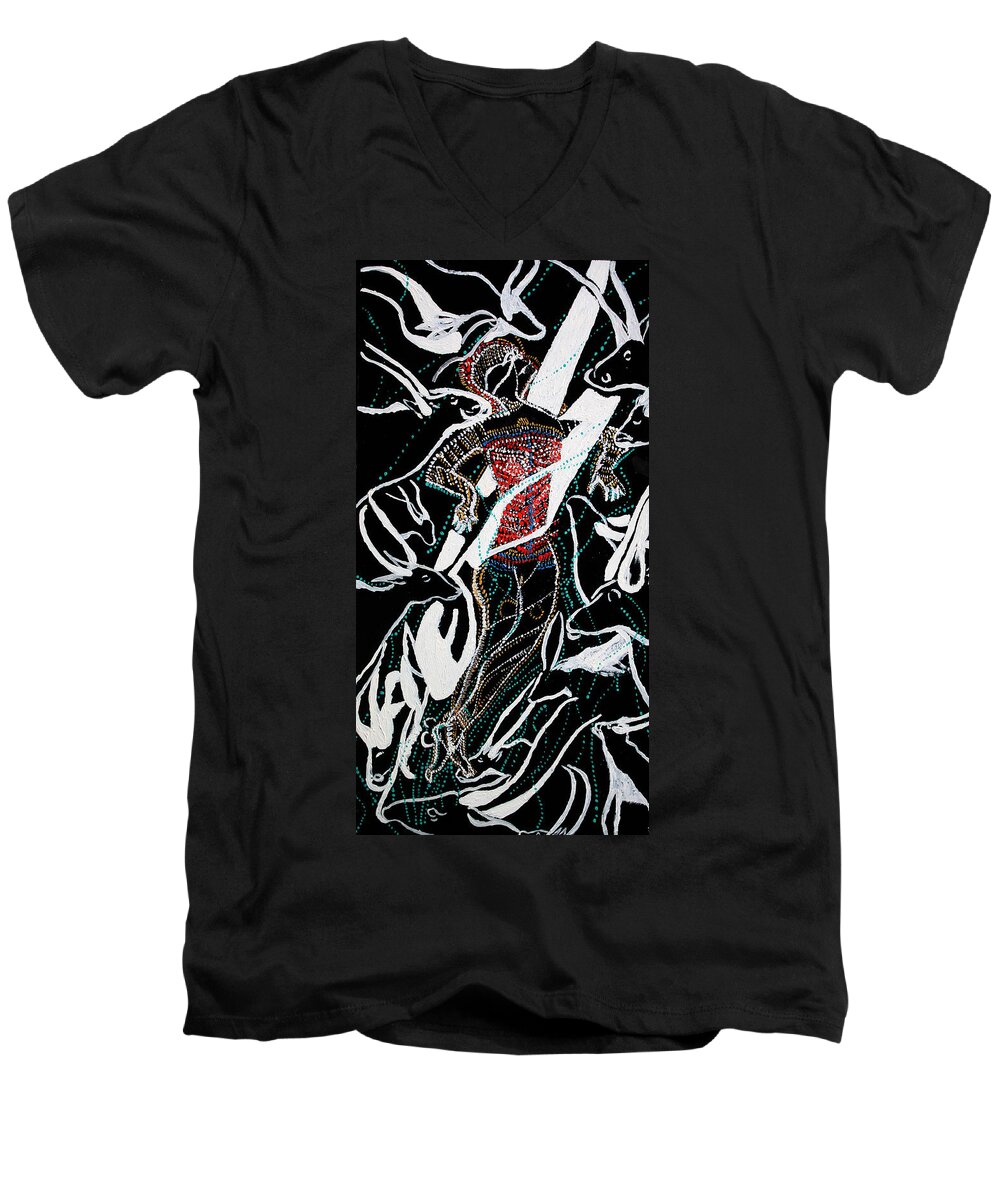 Jesus Men's V-Neck T-Shirt featuring the painting Dinka dance by Gloria Ssali