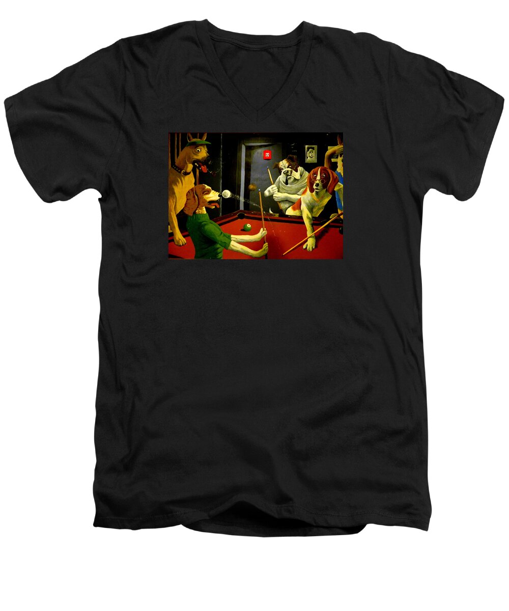 Pool Men's V-Neck T-Shirt featuring the photograph Dogs Playing Pool Wall Art UnKnown Painter by Kathy Barney