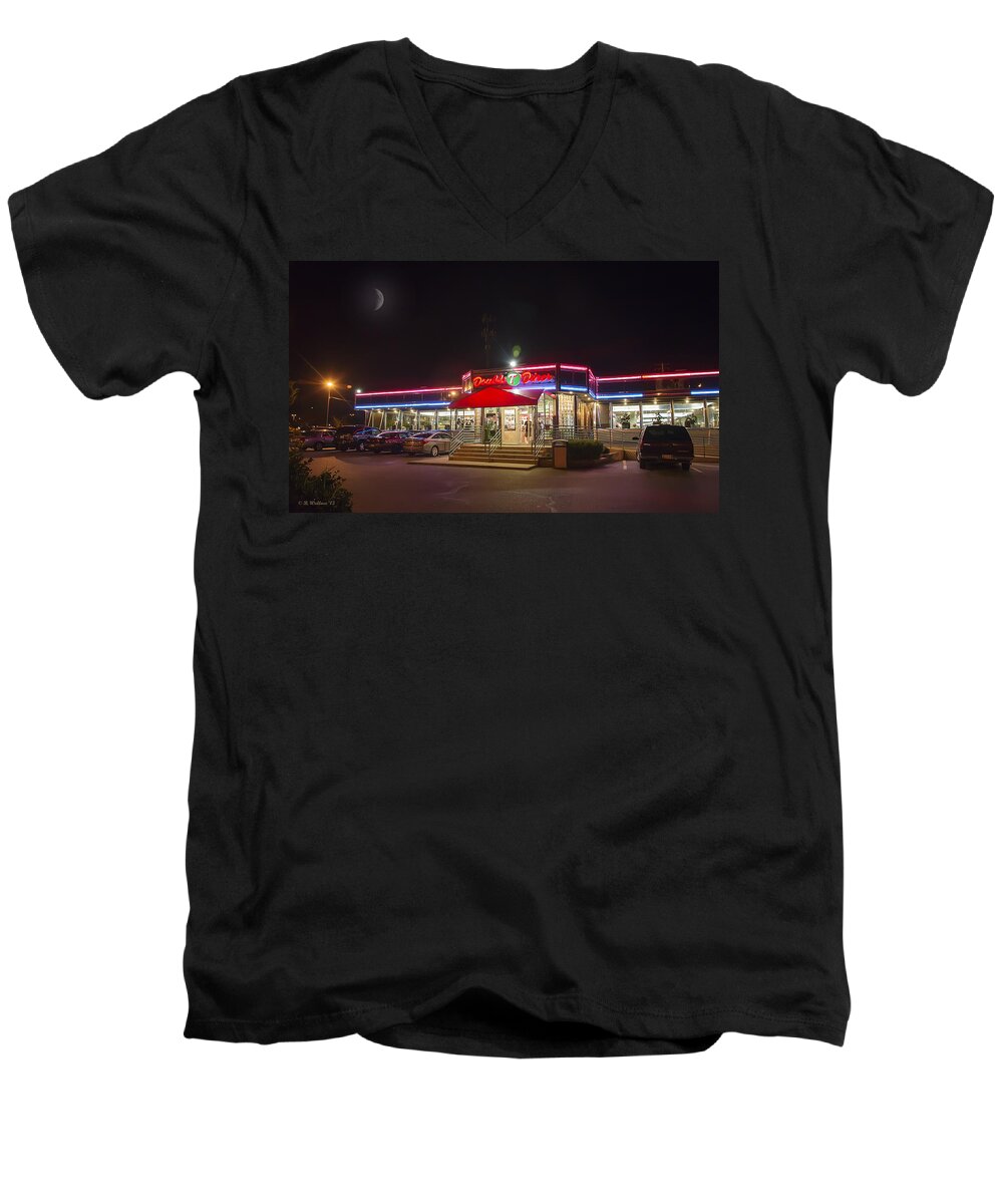 2d Men's V-Neck T-Shirt featuring the photograph Double T Diner At Night by Brian Wallace