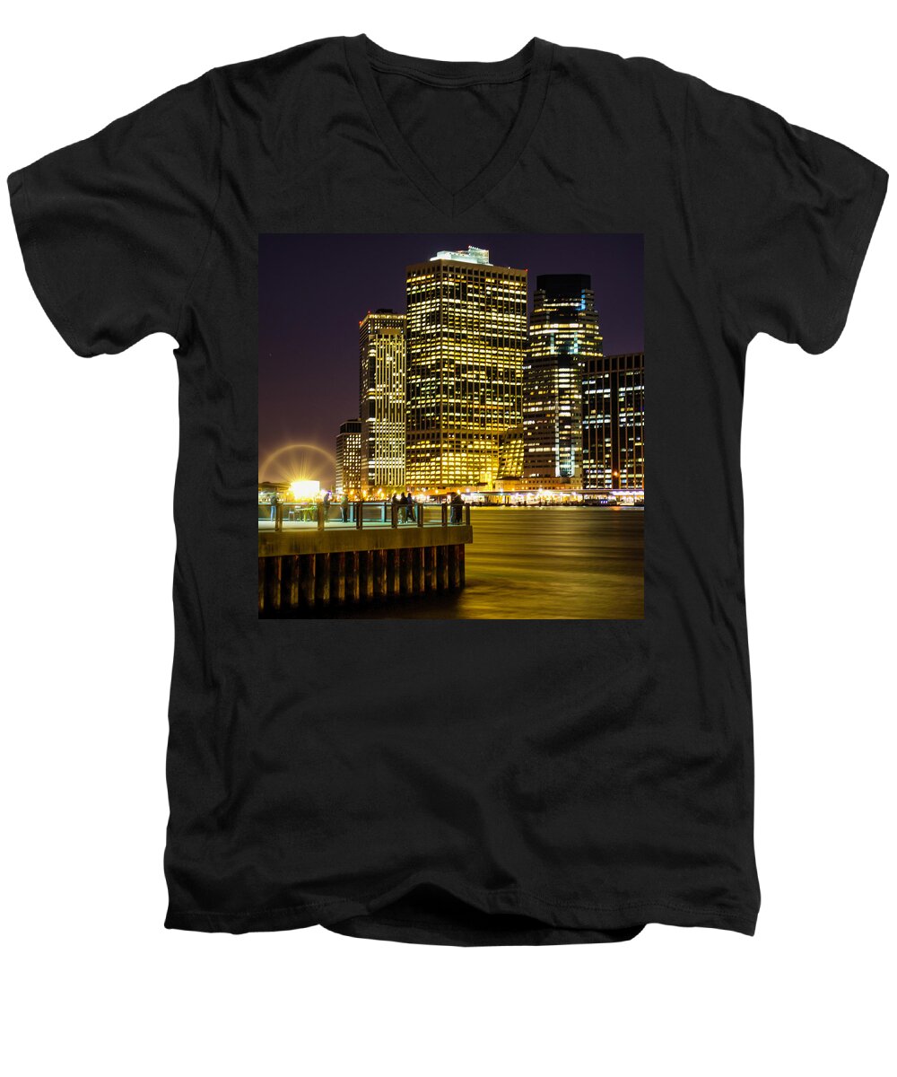 Lower Manhattan Men's V-Neck T-Shirt featuring the photograph Downtown Lights by Theodore Jones
