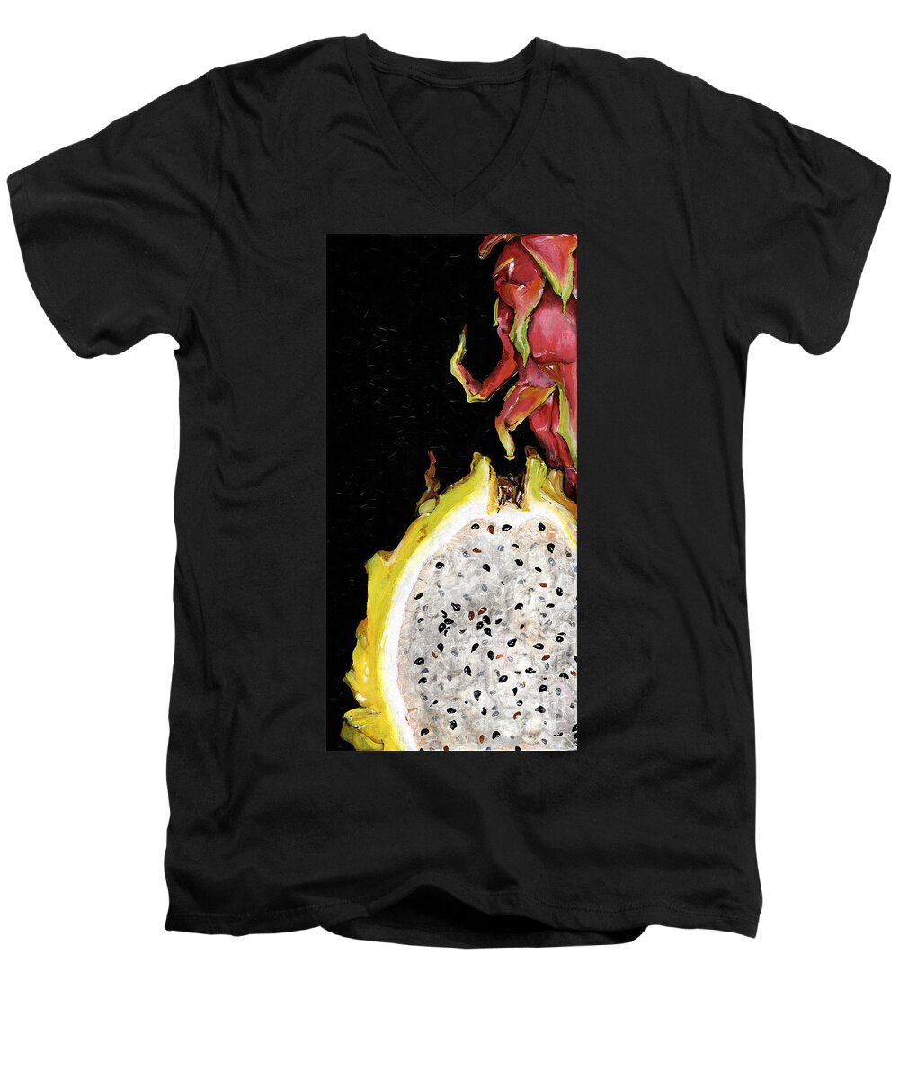 Abstract Men's V-Neck T-Shirt featuring the painting dragon fruit yellow and red Elena Yakubovich by Elena Daniel Yakubovich