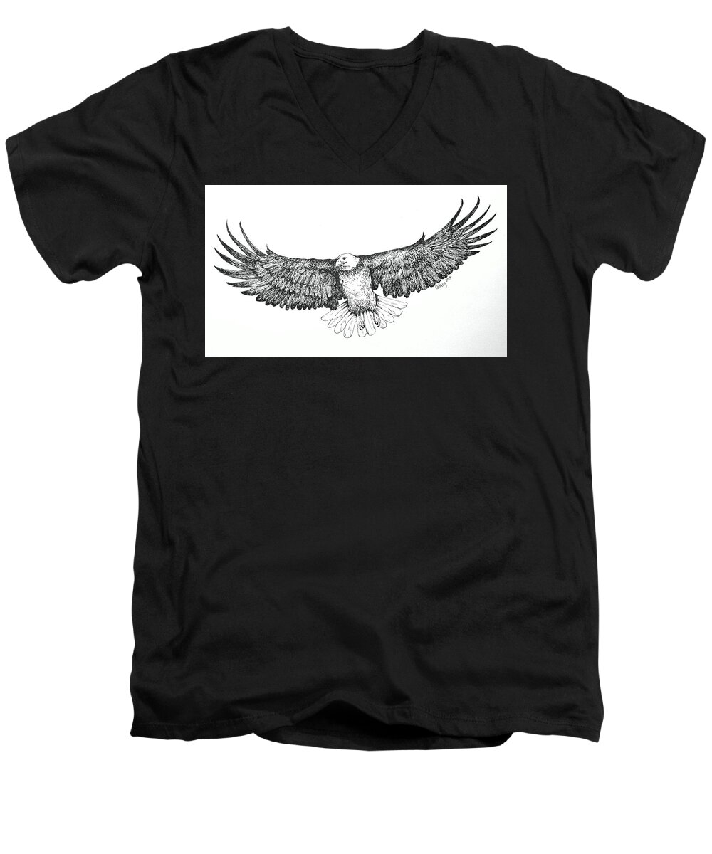 Bird Men's V-Neck T-Shirt featuring the drawing Eagle In Flight by Catherine Howley