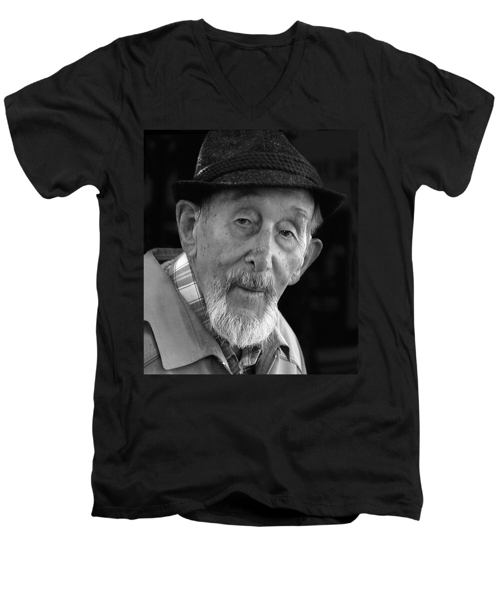 Elder Men's V-Neck T-Shirt featuring the photograph Elder German Gent with Hat and Beard by Ginger Wakem