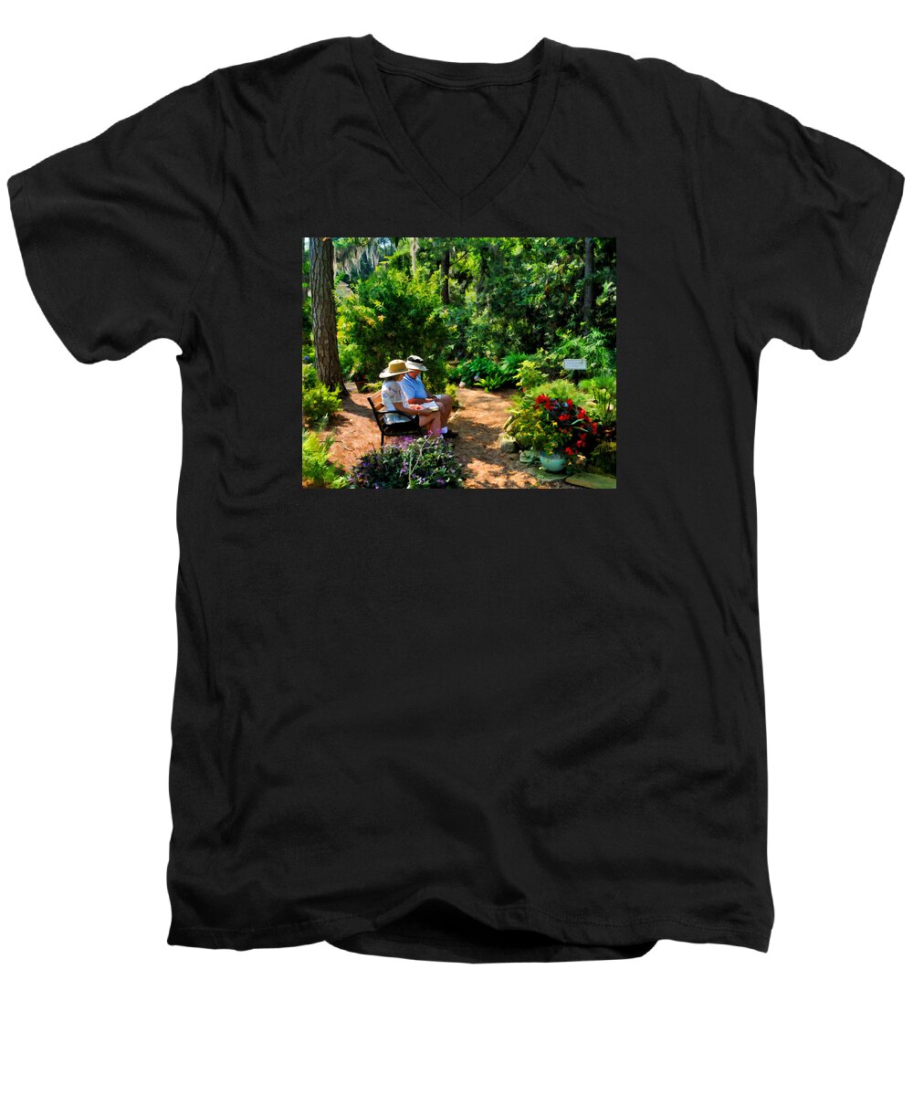 Garden Men's V-Neck T-Shirt featuring the photograph Loving Couple Enjoying Their Prayer Garden by Ginger Wakem