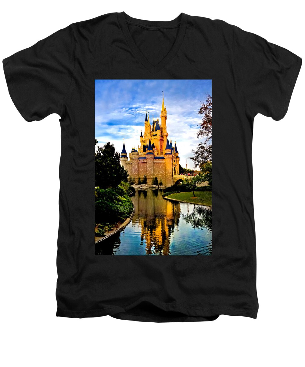 Castle Men's V-Neck T-Shirt featuring the photograph Fairy Tale Twilight by Greg Fortier