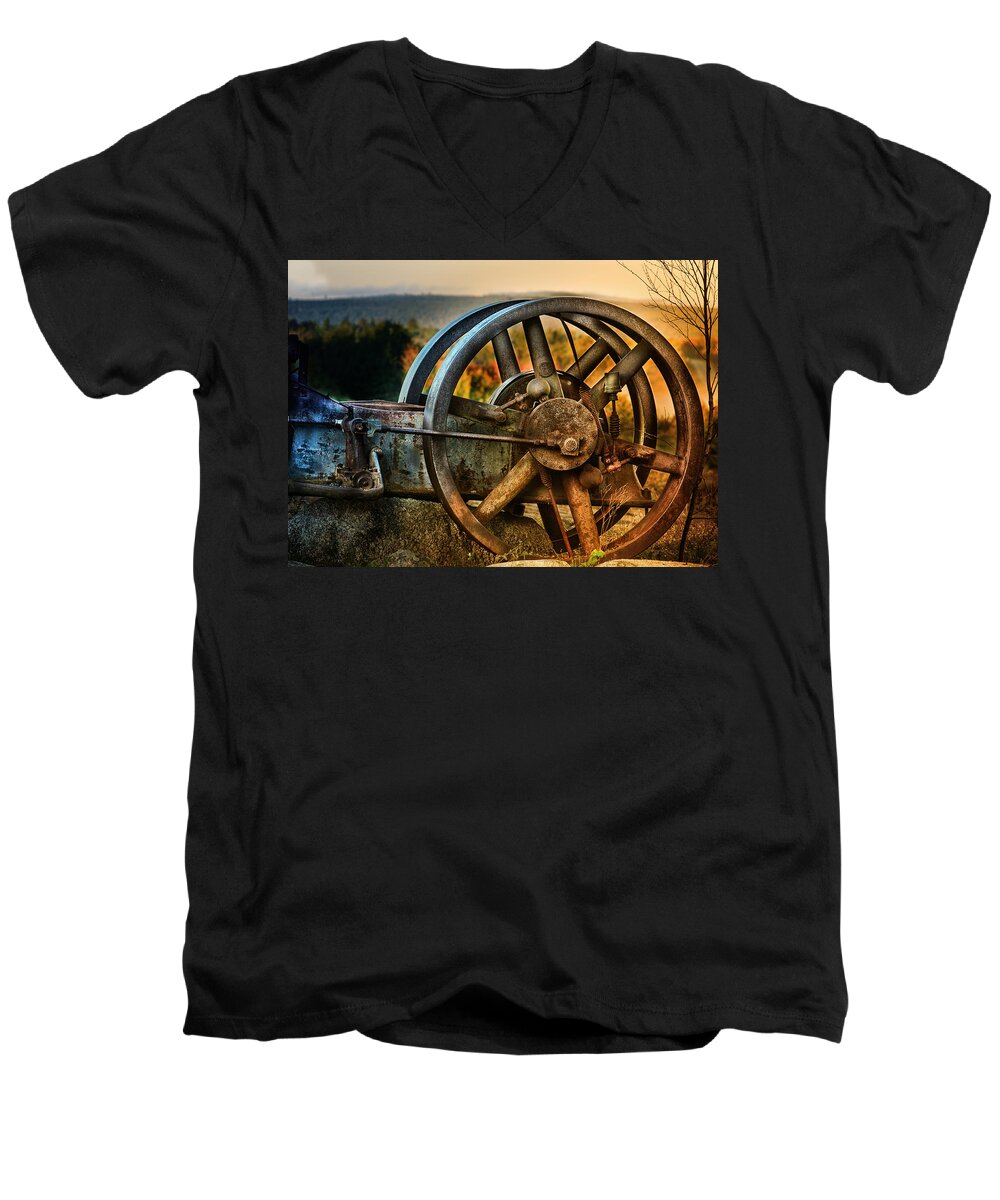 Wheels Men's V-Neck T-Shirt featuring the photograph Fall Through the Wheels by Sue Capuano