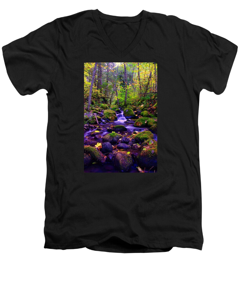 Rivers Men's V-Neck T-Shirt featuring the photograph Fallen Leaves On The Rocks by Jeff Swan