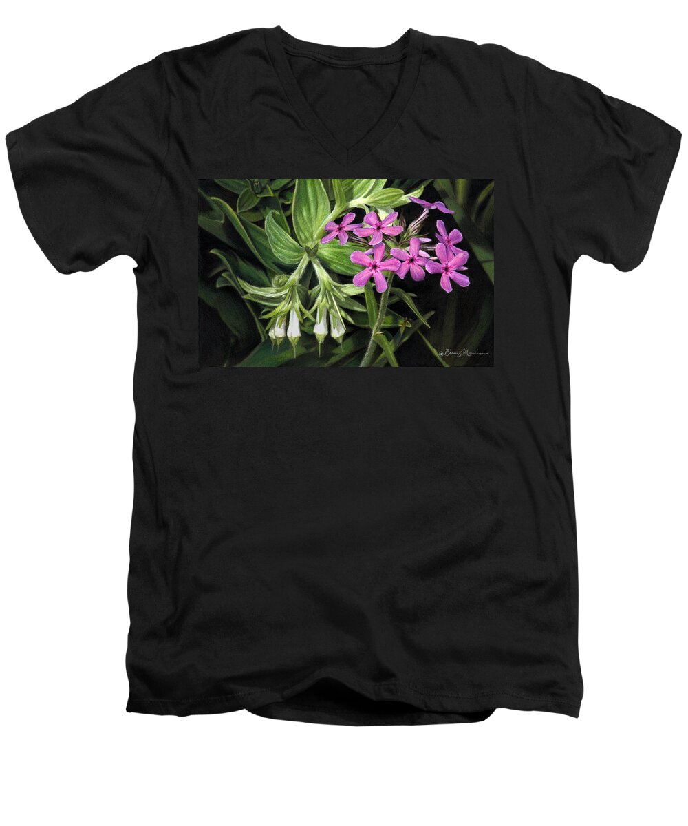 Wildflowers Men's V-Neck T-Shirt featuring the drawing False Gromwell with Prairie Phlox by Bruce Morrison
