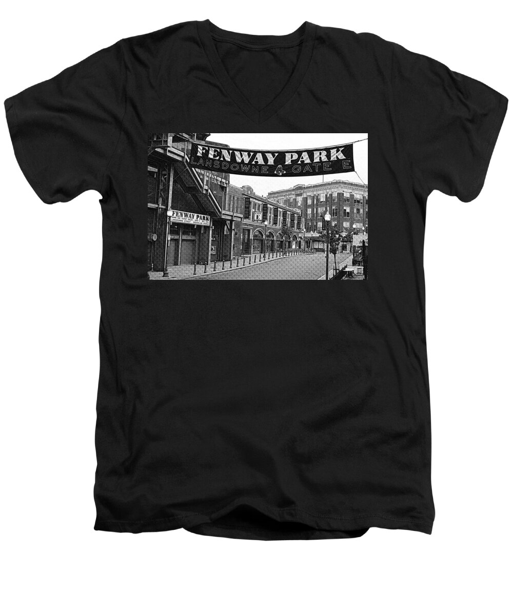Boston Men's V-Neck T-Shirt featuring the photograph Fenway Park Banner Black and White by Toby McGuire